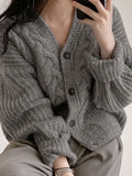Quality Vintage Solid Cardigan Crop Women V-neck Single Breasted Casual Loose Thick Sweater Knitwear Elegant Winter