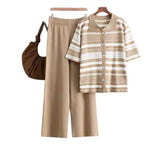 Women's Two-Piece Set Of Polo Tie Striped T-Shirt High-Waisted Broad Leg Pants Fashion