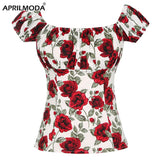 Rose Red Floral Print Vintage 50s Pinup Print Short Sleeve Shirt In White Retro Pin Up Cropped Party 2022 Shirts