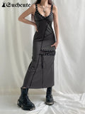 SUCHCUTE Grunge Eyelet Strap Midi Dress Women Gothic Sexy V Neck Bandage Dresses Vintage Dark Streetwear Sleeveless 90s