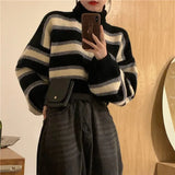 Sweater Women Sexy Cropped Turtleneck Striped Pullovers Streetwear Korean Loose Long Sleeve Knitted Sweater Chic Lady