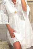 Lace Dress Women White Mini Dress Summer V Neck Sexy Hollow Out Short Sundress Flared Sleeve Lady Party