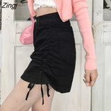 Skirts Women Summer Fashion Elegant Mini Comfortable Solid Simple Black Shirring Korean Style Slim Leisure All-match