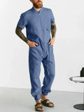 Summer Long Sleeve Stand Collar Zipper Romper For Men Casual Simple Long Pants Homesuit Fashion Mens Solid Lace-up