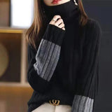Winter High Collar Loose Casual Patchwork Sweater Top Women Thick Warm All-match Knitting Jumper Ladies Vintage