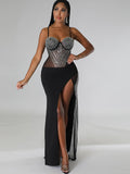 Sexy Blue Rhinestone Crystal Patchwork High Split Maxi Dress New Women Sleeveless Strap Night Clubwear Long