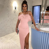 Sexy Spaghetti Strap Feathers Strapless Midi Dress For Women Robe Elegant Sleeveless Backless High Split Long