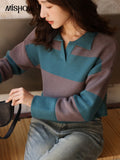 Women's Lapel Stripe Knitted Sweaters 2022 Autumn Winter Loose Soft Warm Casual Female High Strecth Sweaters