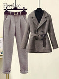 Winter Office Ladies Elegant Sets Womens Outfits 2023 Plaid Thick Coats+Turtleneck Knitted Sweater+woolen Harem Pants