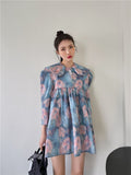 Oil Painting Vintage Blue Spring Dress 2021 Fashion Women Designer Peter Pan Collar 3/4 Sleeve Lilac Babydoll