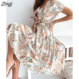 Print Dresses Women Summer Dress YEMOGGY 2022 New Casual V-neck Single Breasted Lace-up Short Flying Sleeve Midi