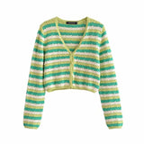 Fashion Color Contrast V Neck Single Breasted Cardigan Stripe Cropped Tops Knitted Patchwork Sweater Winter Clothes