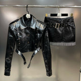 Autumn Punk Style Faux Leather Pu Jacket Rhinestone Tassel Short Bodycon Skirt Belt Two Piece Set Women Outfits
