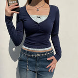 V-neck Lace Patchwork Bow Long Sleeve TeeOutfit