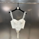 2022 New Arrivals Sleeveless Lace Shoulder Strap Back Bandage Single Breasted Buttons White Slim Camis Crop Top
