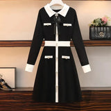 Women Beading Button Knitted Dress Plus Size Chic Autumn Black White Hit Color Pearl Bowknot Lapel Collar Sweater