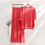 Simple Splicing Loose Short-Sleeved Sweater Top High Waist Thin Leg Pants Two