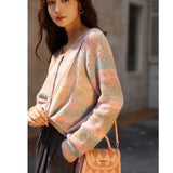 2022 Autumn Winter Women's Rainbow Stripe Cardigan Korean Slim O-Neck Mohair Single Breasted Knitted Sweaters