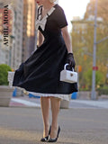 Vintage 50s Office Robe Femme Rockabilly Dress Black Hepburn Elegant V Neck Bow Big Swing Polka Dot Patchwork Pinup
