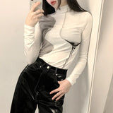 SUCHCUTE Gothic Tie Dye Basic Women T-shirts Slim Dark Academic High Collar Knitted Tee Fairycore Casual Streetwear Clothes