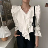 Zingj Update Chic Fall French Temperament V Neck Flounce Horn Sleeve Design Sense Versatile Shirt Top-Outfit