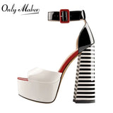 Onlymaker Women's Sandals Platform Peep Toe Chunky Square Heels Ankle Strap Sandals Black And White Stripes Party Fashion