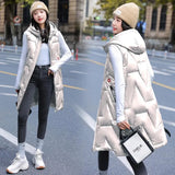 Winter Long Vest Women's Solid Hooded Padded Ladies Casual Sleeveless Waistcoat Jacket Warm Quilted Vest for