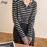 Sweaters Women Fall Trendy Basic Long Sleeve Soft Ulzzang Striped Ladies Knitwear Single Breasted Simple Woman