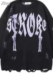 Retro Gothic Print Pullover Sweaters Women's Y2K Street Trend Ripped Sweater Couple Casual Loose Joker Sweater Coat