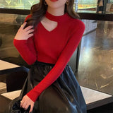 Winter Half High Collar Sexy Hollow Out Slim Sweater Top Women Solid Simple Bottoming Pullover Ladies All-match