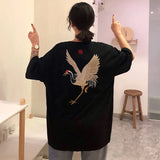 Vintage Flying Crane Bird Embroidery T Shirts Men Women Streetwear Y2k Tops Cotton Black White Tops Harajuku Kawaii