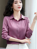 Women Shirts Satin Long Sleeve Blouse Women Fashion Elegant White Shirt Solid Basic Womens Tops and Blouses New Female