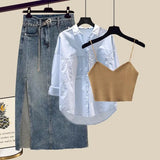 Outfits For Women 2023 Fashion Sling Vest+long Sleeve Sunscreen Shirt+side Split Denim Skirts Sets Korean 3 Piece
