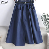 2021 Fashion Autumn Cotton Midi Skirt Women Korean Style Green Mid-Length High Waist A Line Skirt Female With
