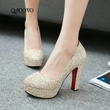 New Style Sexy Sequined Platform Shoes Female Square High Heels Pumps Slip On Party Wedding Shoes