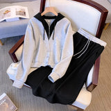 Size Autumn Winter Sweatshirt Two Piece Sets For Women Hooded Long Sleeve Fake Two Piece Tops And Drawstring Skirts Set