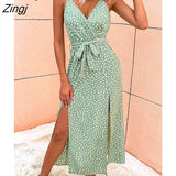 deep v-neck backless lace up party dress Summer green Women sexy dresses A-line strap printed beach sundress