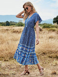 Queens Women Floral Print Beach Bohemian Rayon Maxi Dresses Ladies Deep V Neck Button Boho Pleated Dress