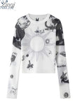 Summer Sexy Women Top Vintage Cartoon Print See Through Transparent Mesh T-Shirt Long Sleeve Harajuku Slim Lady O Neck
