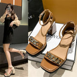 summer new one word with open toe thick heel sandals women's fashion temperament chain waterproof platform high