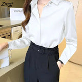 Silk Loose Shirts for Women Spring Solid White Long Sleeve Blouses Fashion Turn-down Collar All-match Tops for Lady