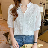 Women's Shirts Solid Blouses for Women Embroidered Shirt Blouse Women White Hollow Out Half Sleeve Tops Female 2023 Woman