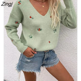 Casual Loose Flower Knit Bottoming Sweaters V-Neck Full Sleeve Sweater Pullovers 2022 New Cotton Pullover Sweater