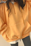 Fleece Autumn Solid Sudaderas Casual Sweatshirts American Pullovers Women High Street Long Sleeve Hooded Half