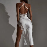 Sexy 2022 New Lace Patchwork High Split Backless Party Club Dresses Women Hollow Out Spaghetti Strap Midi Evening