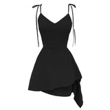 Summer Gothic Rock Black Mini Dress Emo Grunge Women Sexy Strap Sleeveless V Collar Lace up A-line Female Short