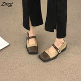 Deformed Heel Autumn Luxury Chain Square Head Shallow Flat Shoes Women's Lazy Loafer Casual Flat Square Heels Lolita