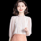 Women Spring Autumn Style Chiffon Blouses Shirts top Lady Casual three quarter O-Neck Polka Dot Printed Chiffon Blusas