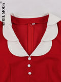 Summer Casual Flare Dress Retro Vintage Solid Red Patchwork Robe De Cocktail Party Office Robe Rockabilly Dresses