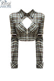 Fashion Women's Blouses Patchwork Casual Long Sleeve Korean Chic Hollow Out Plaid Shirts Elegant Y2k Female Polo Blusas